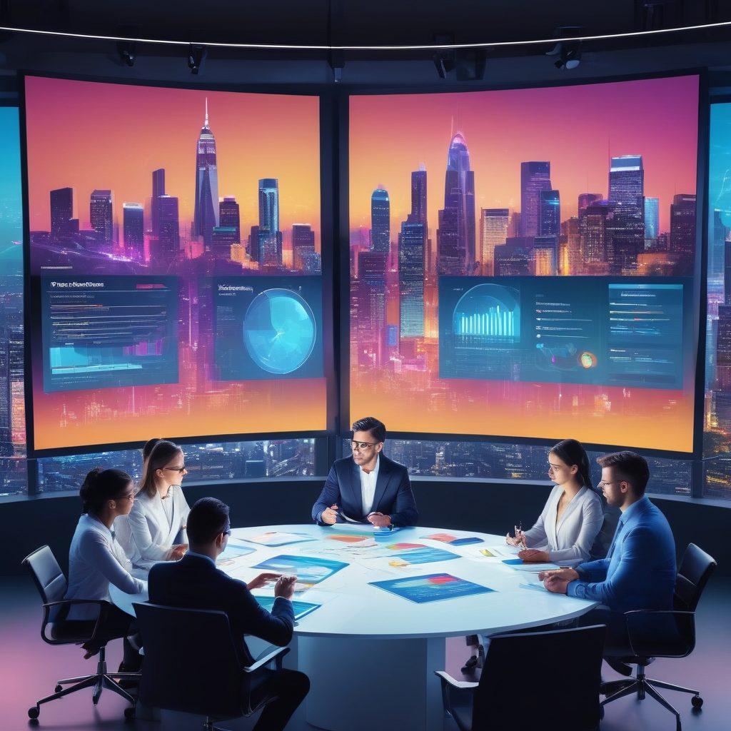 A dynamic digital marketing scene showcasing a diverse group of professionals brainstorming strategies around a modern conference table, illuminated by vibrant screens displaying analytics and website designs. Incorporate elements like charts, graphs, and creative post-it notes scattered around, symbolizing innovative ideas and collaboration. The background features a futuristic city skyline representing growth and potential. super-realistic. vibrant colors. 3D.